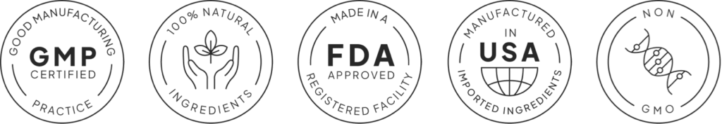Dietary supplement quality and manufacturing certification icons including GMP, natural ingredients, manufactured in the USA, and non-GMO