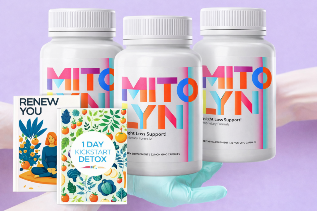 Mitolyn dietary supplement bottles with bonus digital guides presented as a complete weight loss support package