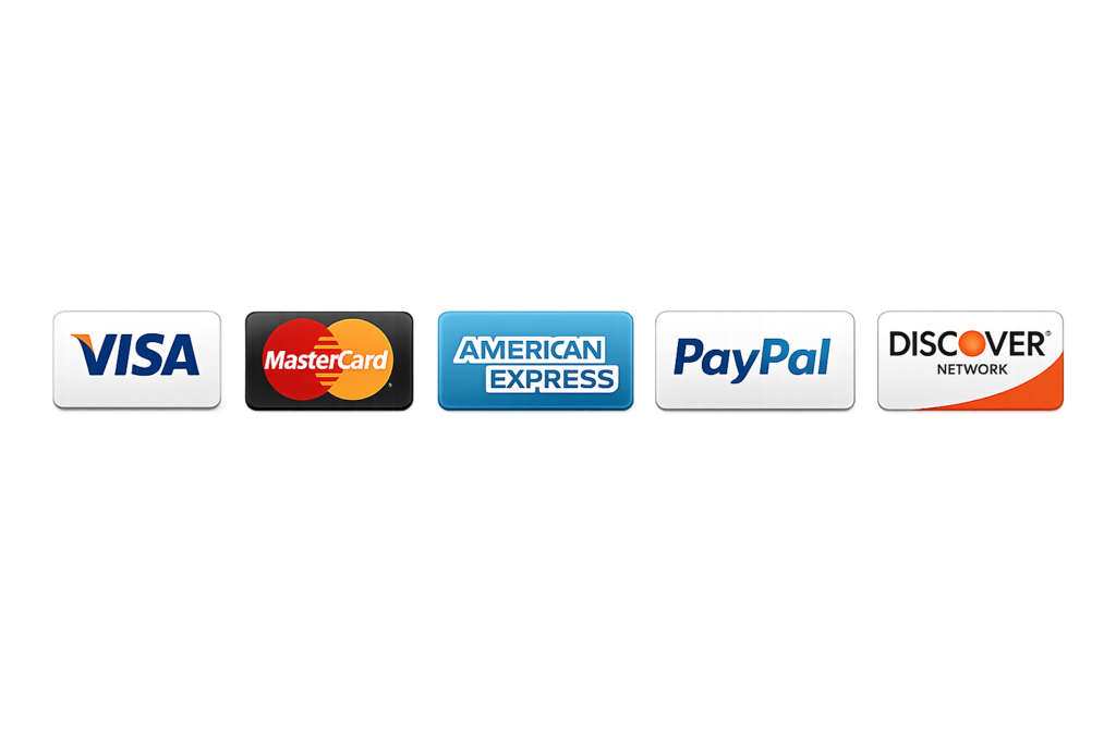 Secure checkout with accepted payment methods including Visa, Mastercard, American Express, PayPal and Discover