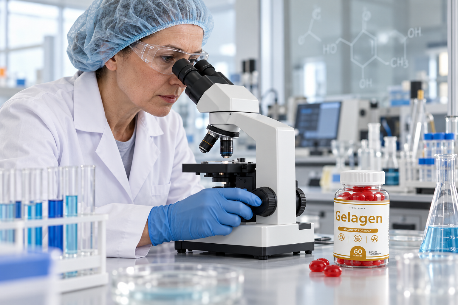 Scientist examining red gummies under a microscope