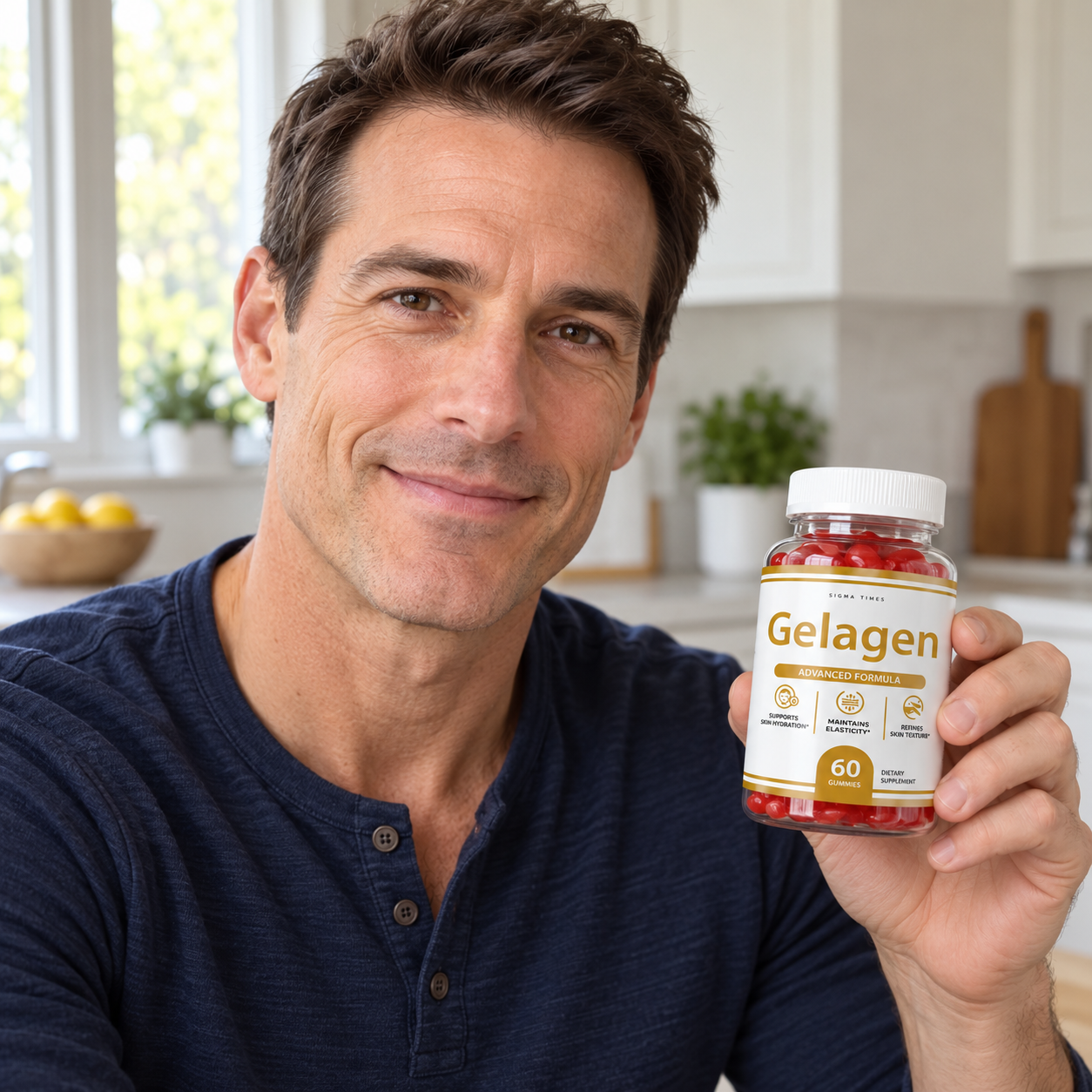 Mark D. holding Gelagen in his kitchen