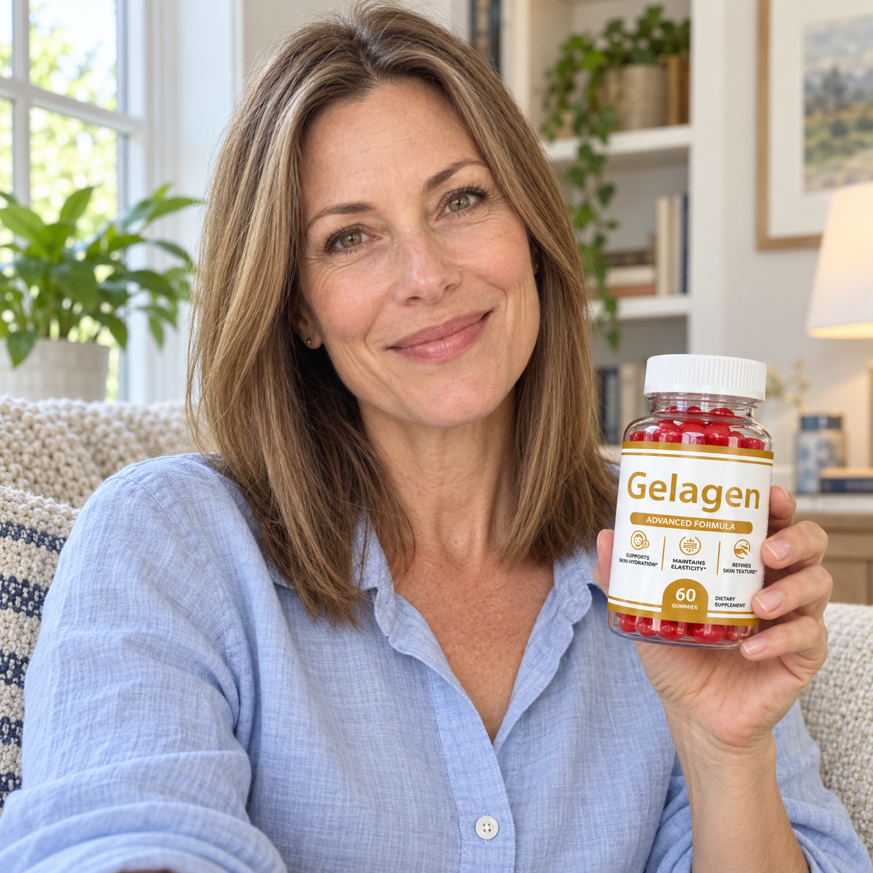 Woman holding a bottle of Gelagen gummies at home