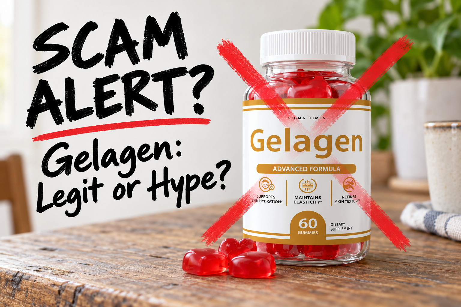 Bottle of Gelagen gummies with a red warning cross